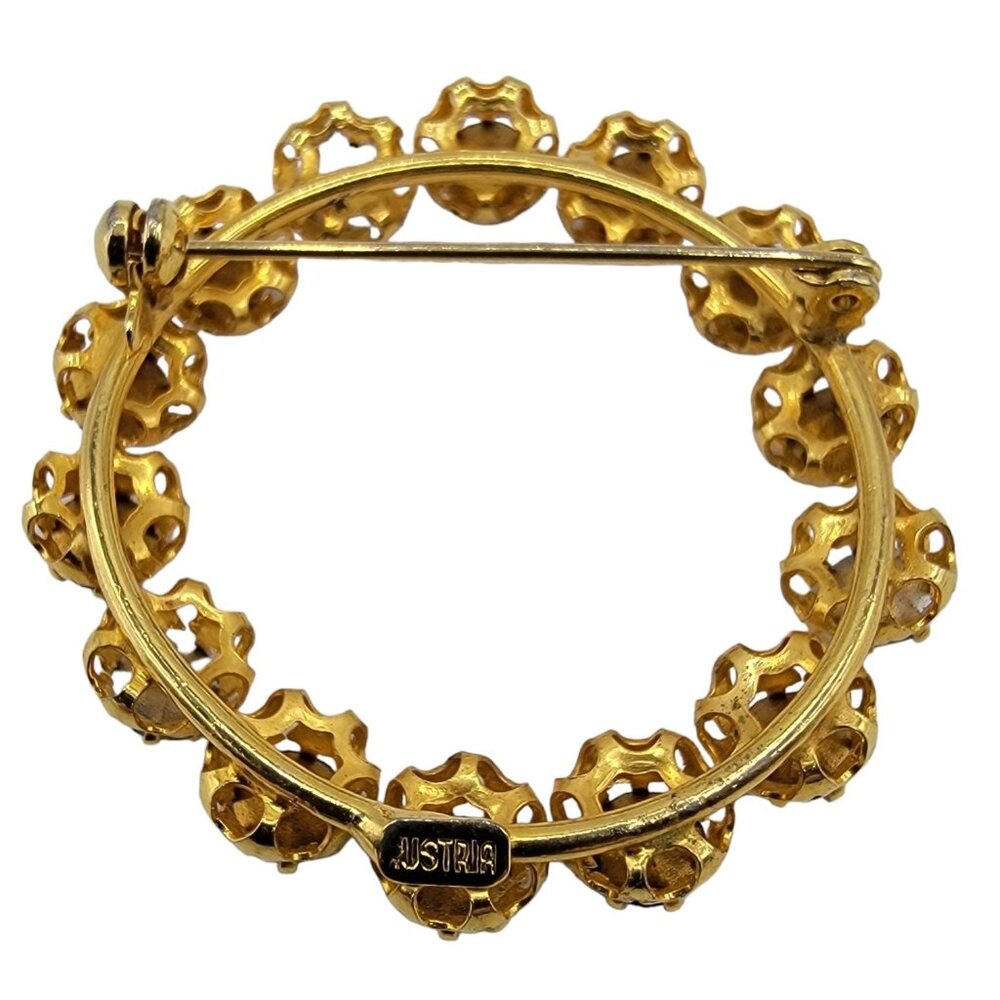 Austria Gold Tone Blue Rhinestone Open Round Filigree Brooch Pin - Picture 2 of 4